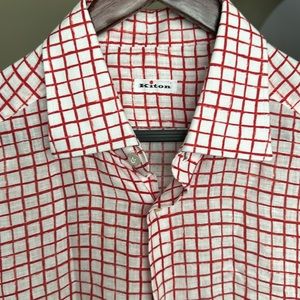 KITON Shirt Mens Large 42 Slim Fit, Linen Button Up Red White.